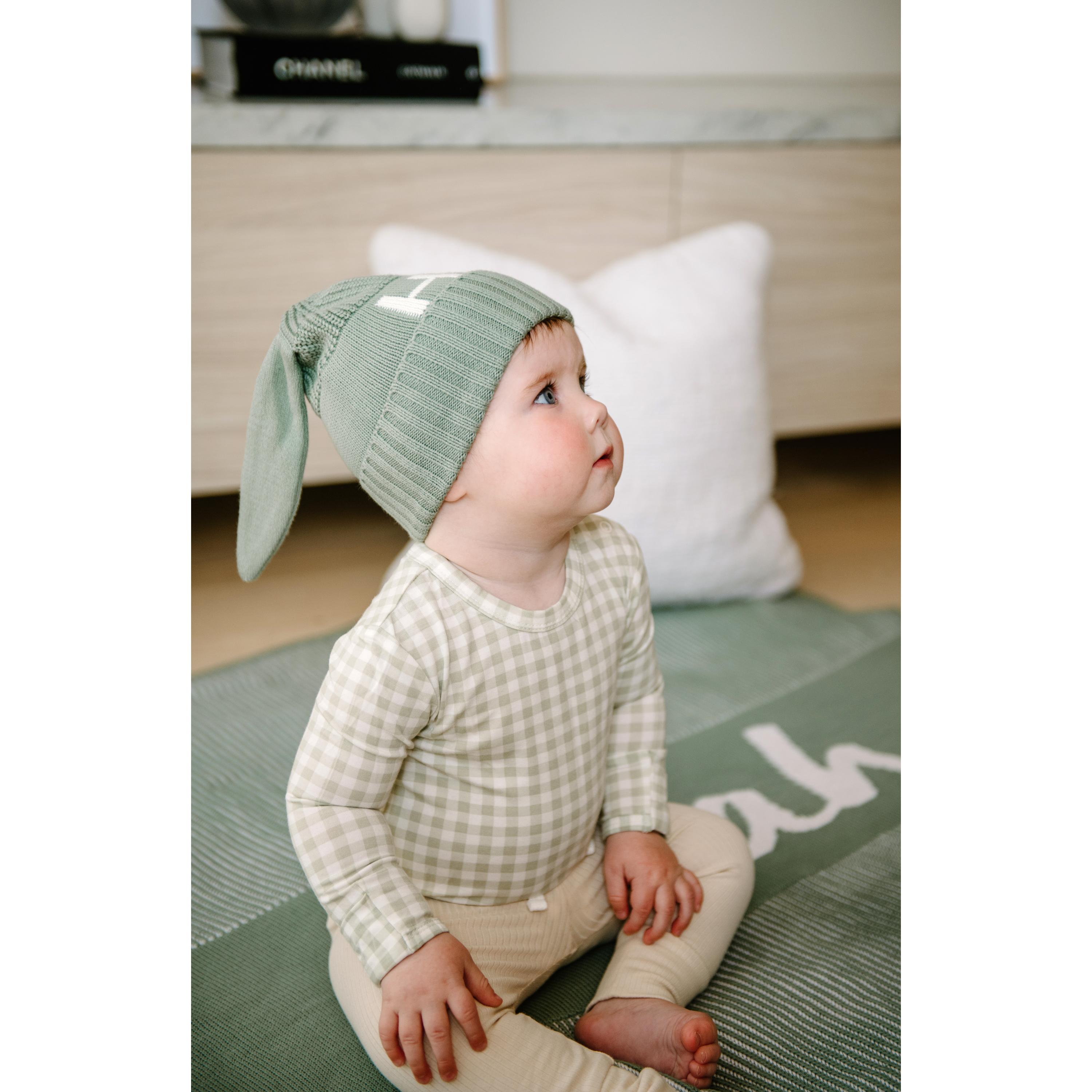 Bunny Beanie - Base: Lily Pad; Letter: Ivory