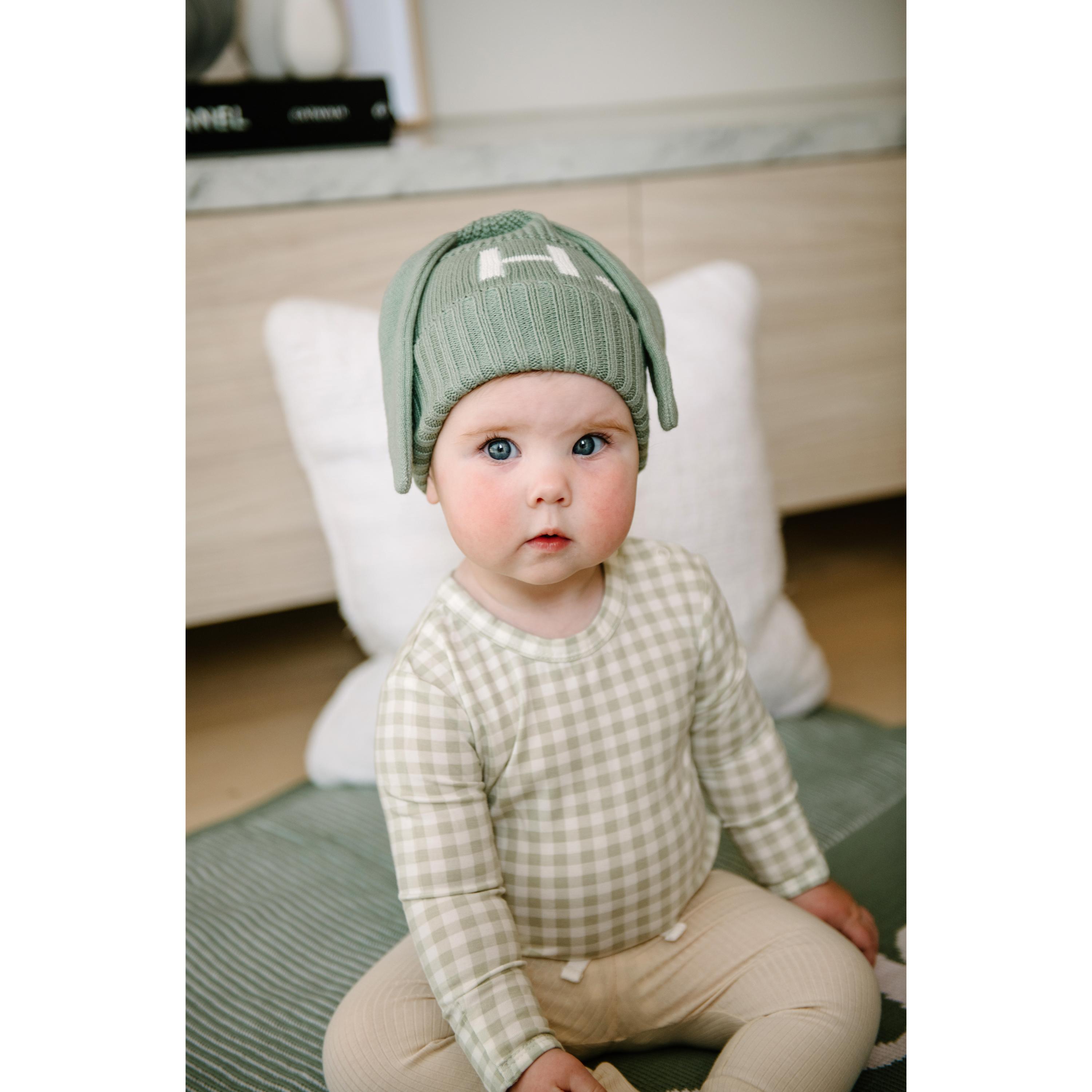 Bunny Beanie - Base: Lily Pad; Letter: Ivory