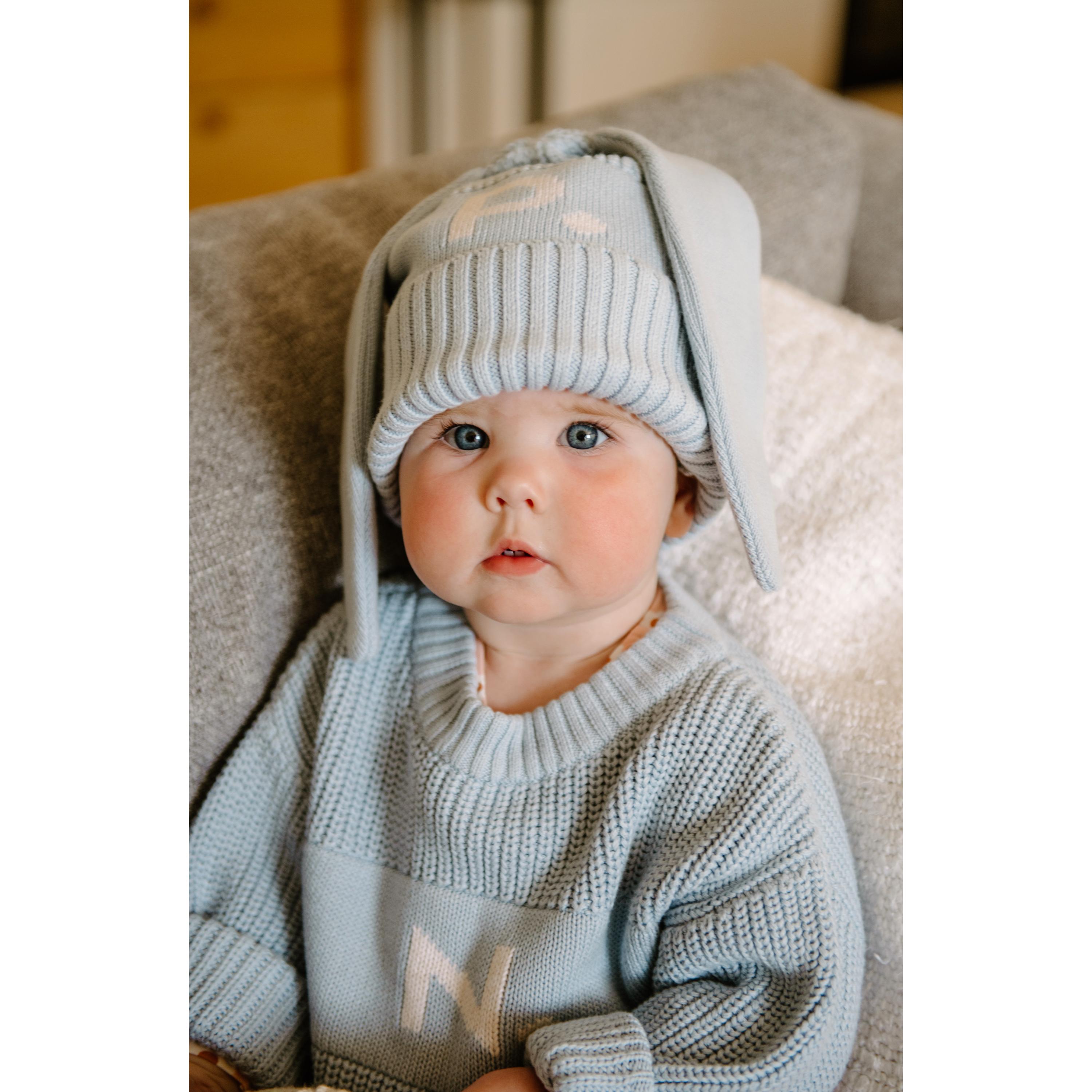 Bunny Beanie - Base: Kentucky Blue; Letter: Ivory