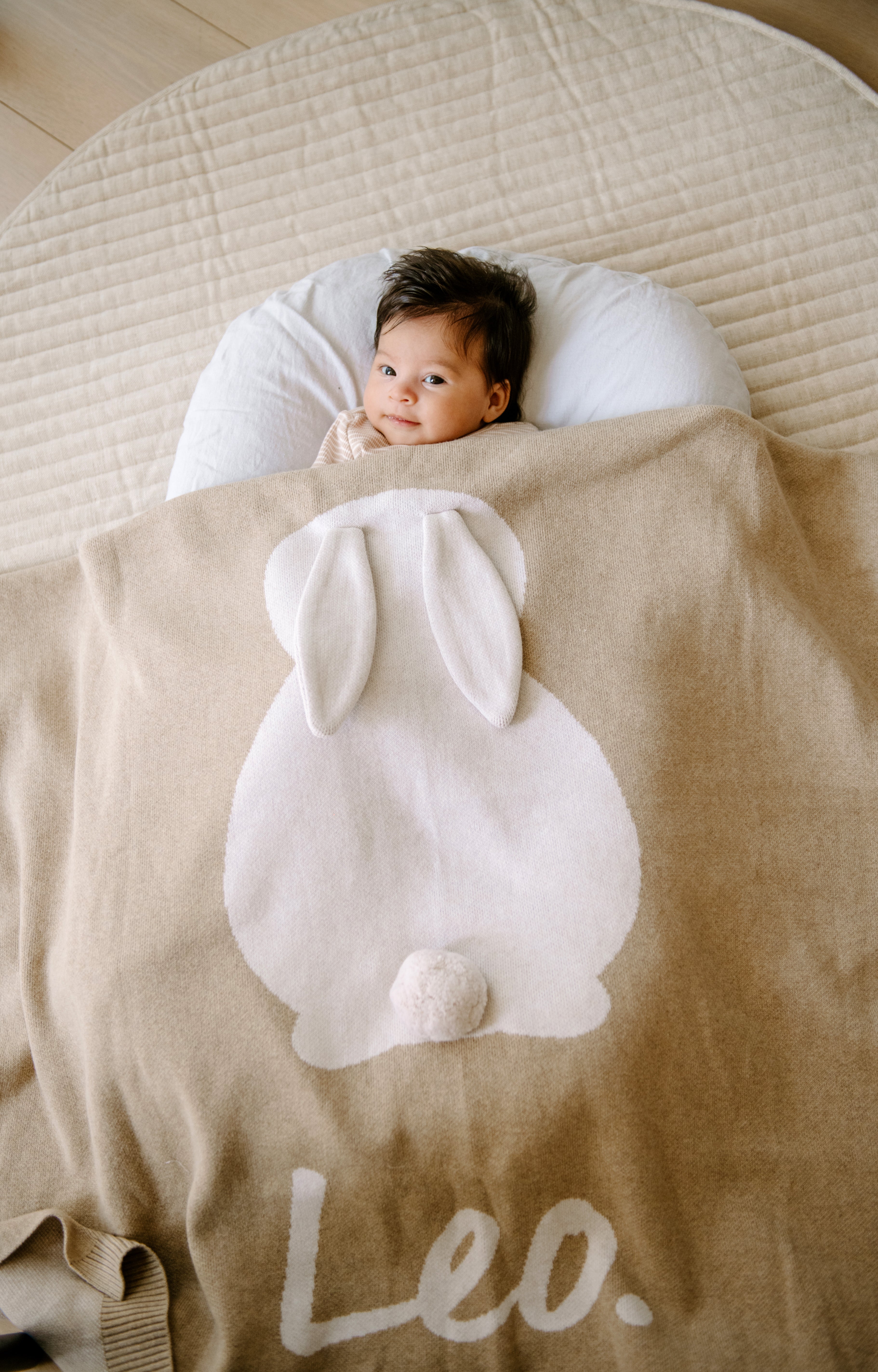 Bunny Blanket - Base: Light Camel; Letter: Oatmeal