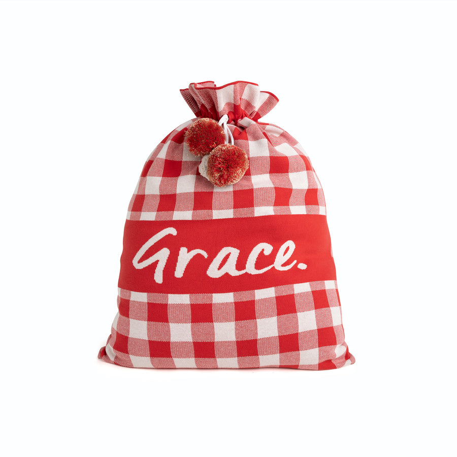 Gingham Christmas Santa Sack - Base: Light Camel; Letter: Oatmeal Marle