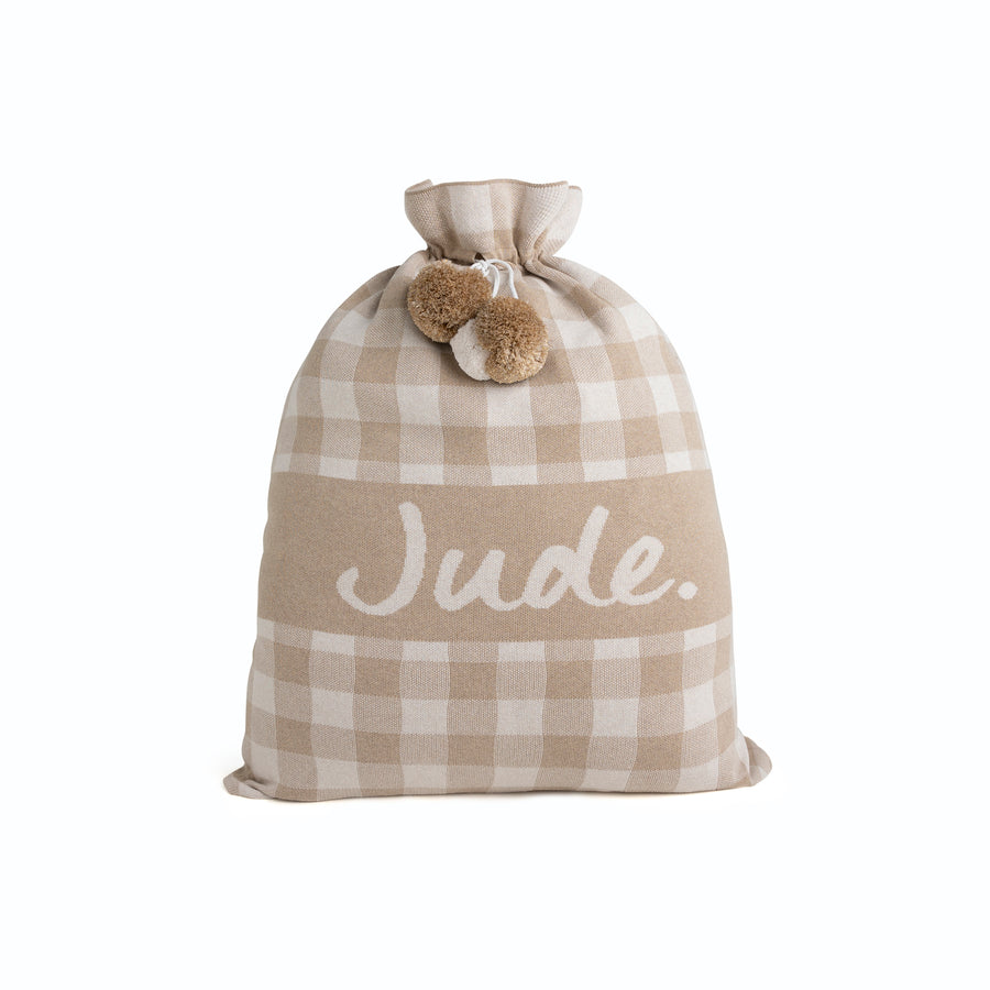 Gingham Christmas Santa Sack - Base: Light Camel; Letter: Oatmeal Marle