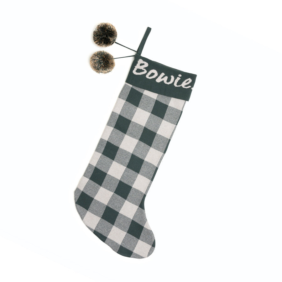 Gingham Christmas Stocking - Base: Dark Forest; Letter: Oatmeal