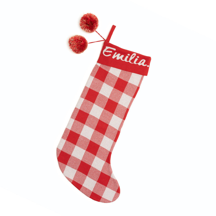 Gingham Christmas Stocking - Base: Red; Letter: Oatmeal