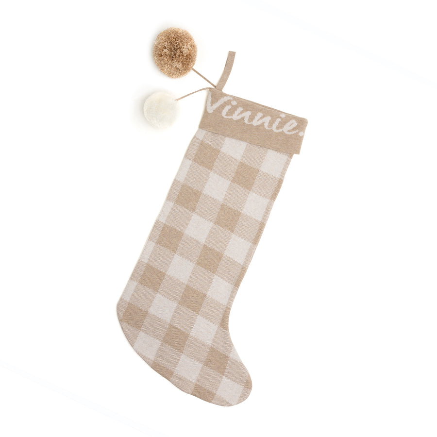 Gingham Christmas Stocking - Base: Light Camel; Letter: Oatmeal Marle