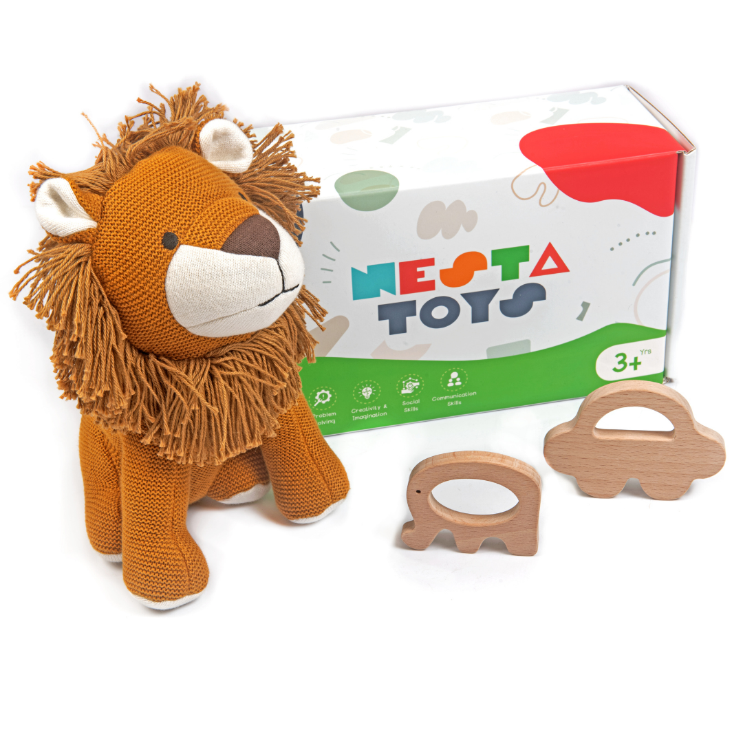 Nesta Toys -Newborn Gift Set - Lion Plush Toy, Wooden Elephant & Car Teether