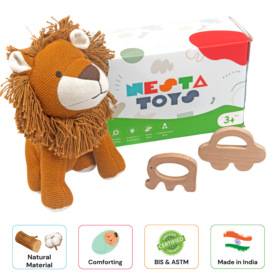 Nesta Toys -Newborn Gift Set - Lion Plush Toy, Wooden Elephant & Car Teether