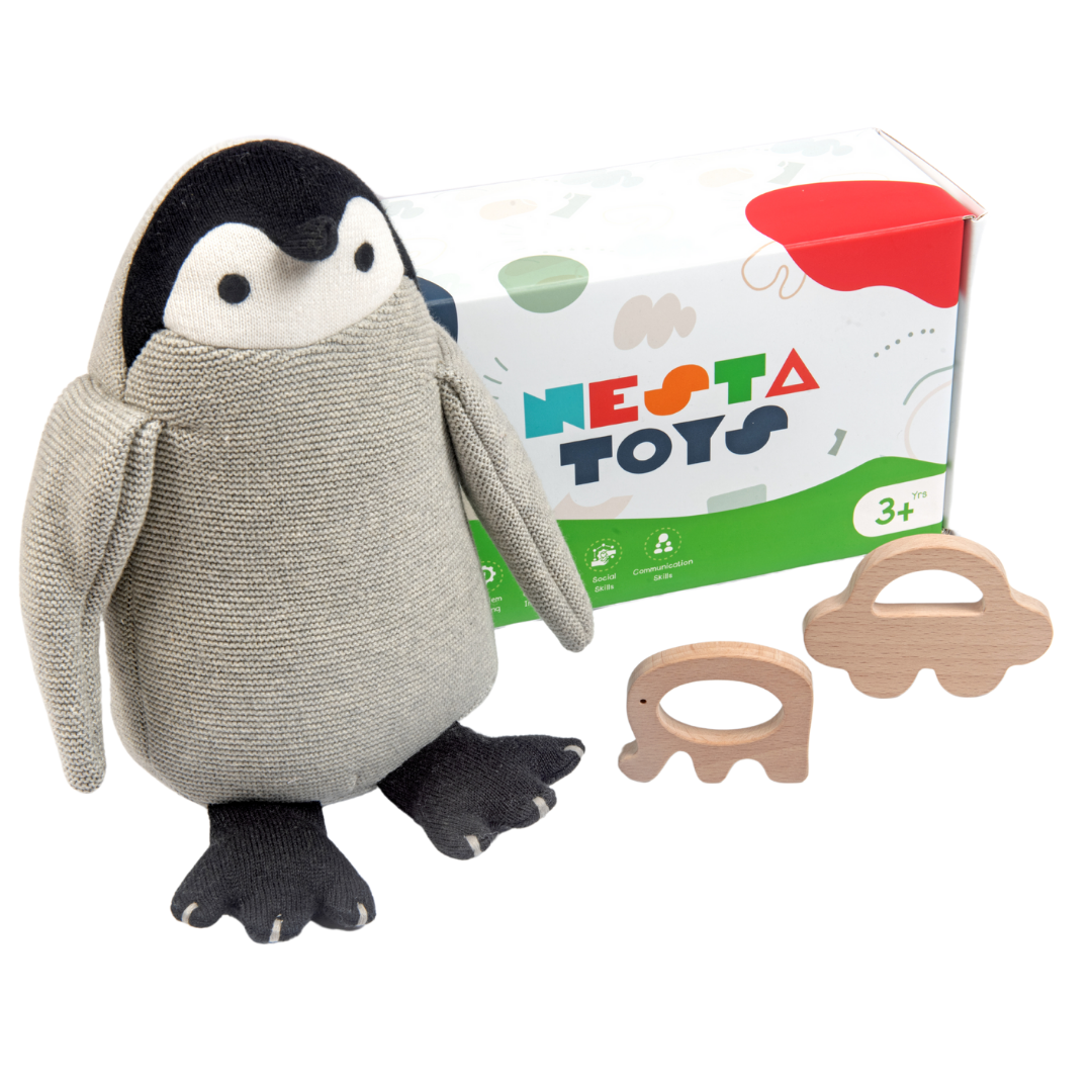 Nesta Toys -Newborn Gift Set - Penguin Plush Toy, Wooden Elephant & Car Teether