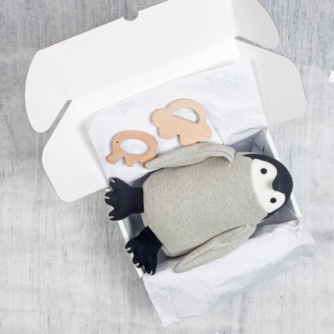 Nesta Toys -Newborn Gift Set - Penguin Plush Toy, Wooden Elephant & Car Teether