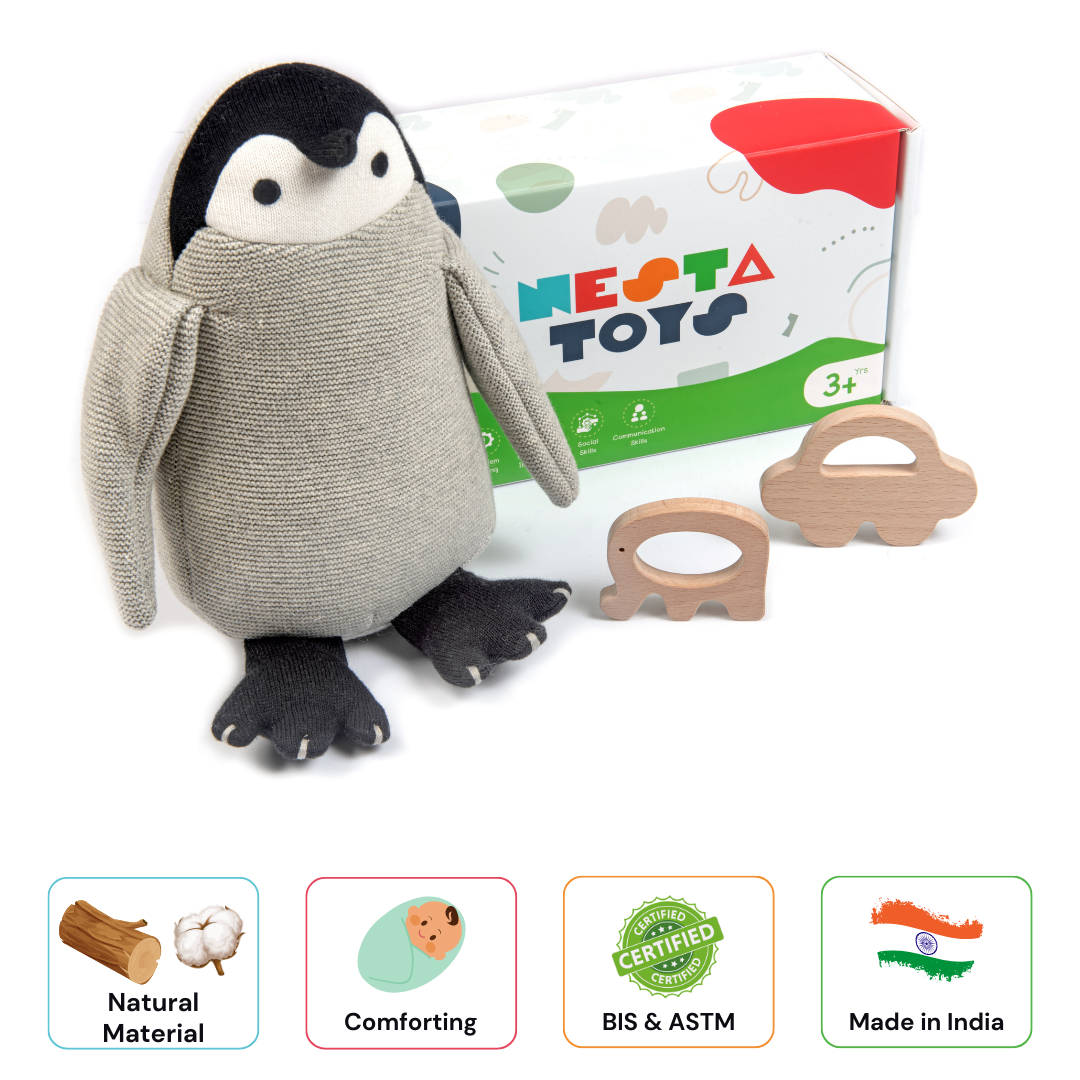 Nesta Toys -Newborn Gift Set - Penguin Plush Toy, Wooden Elephant & Car Teether