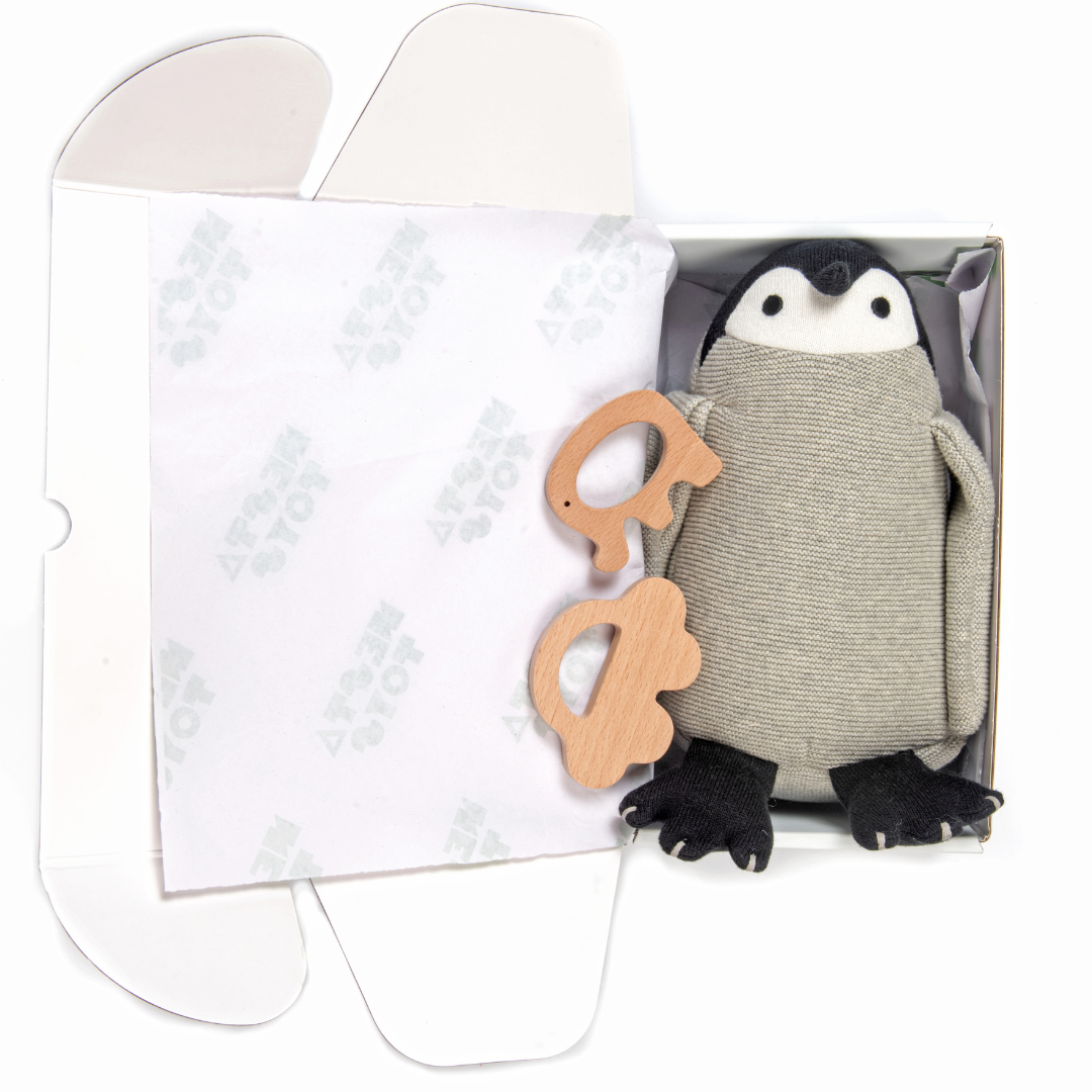 Nesta Toys -Newborn Gift Set - Penguin Plush Toy, Wooden Elephant & Car Teether