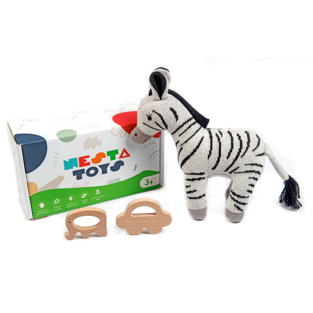 Nesta Toys -Newborn Gift Set - Zebra Plush Toy, Wooden Elephant & Car Teether