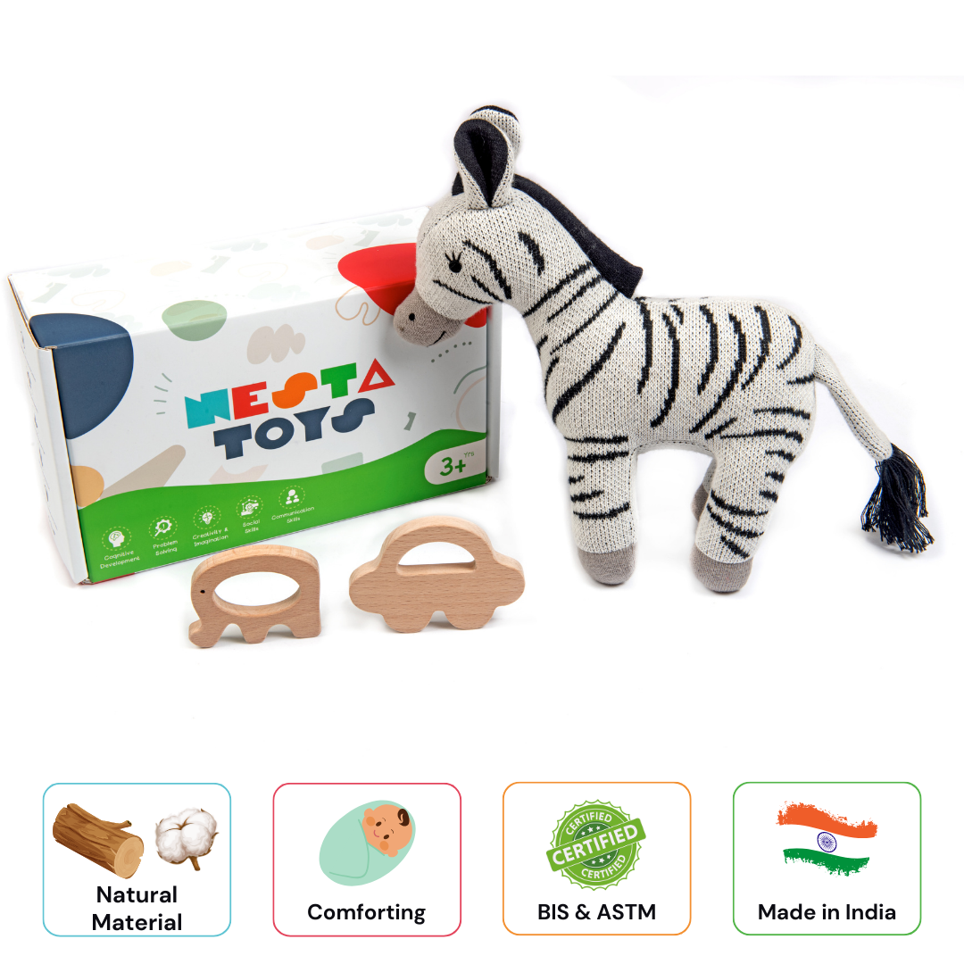 Nesta Toys -Newborn Gift Set - Zebra Plush Toy, Wooden Elephant & Car Teether