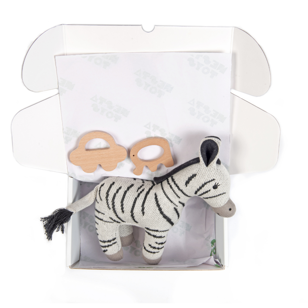 Nesta Toys -Newborn Gift Set - Zebra Plush Toy, Wooden Elephant & Car Teether