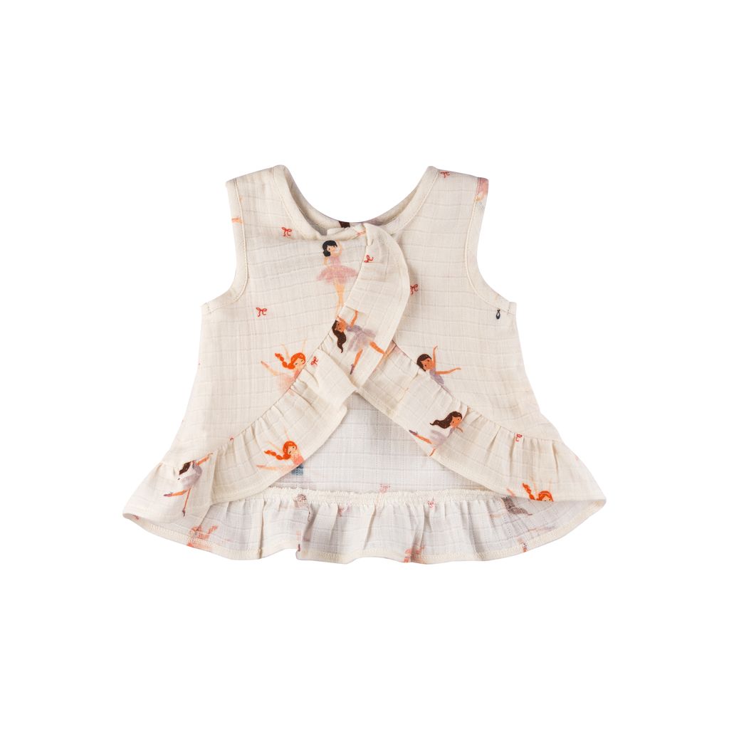 Children's sleeveless dress with ruffles and printed design on a white background