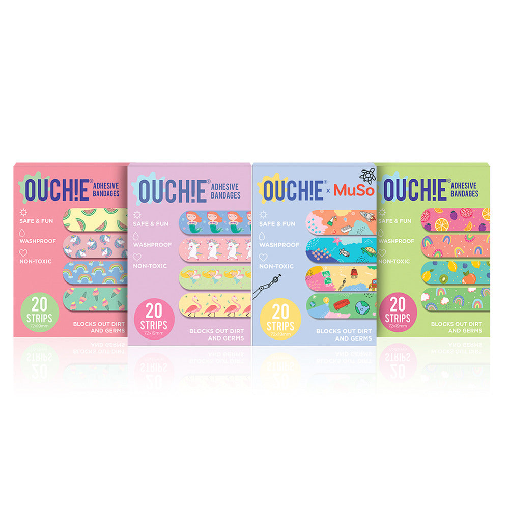 Ouchie Non-Toxic Printed Bandages Jumbo Pack (80 Pack) - Pink Blink, Fantasy Creature,'Ouchie x MuSo' & Tropical Burst