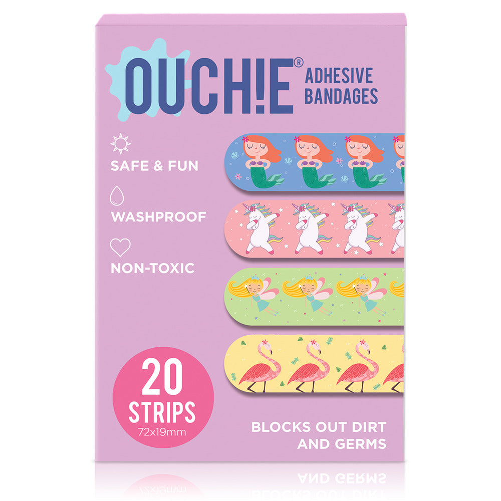 Ouchie Non-Toxic Printed Bandages Jumbo Pack (80 Pack) - Pink Blink, Fantasy Creature,'Ouchie x MuSo' & Tropical Burst