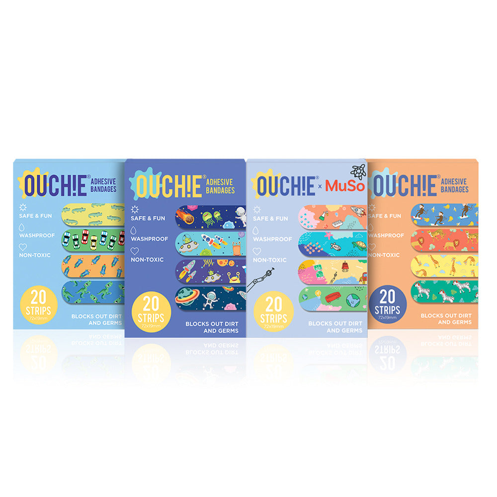 Ouchie Non-Toxic Printed Bandages Jumbo Pack (80 Pack) - Adventure Awaits, Space Jam,'Ouchie x MuSo' & Jungle Fever