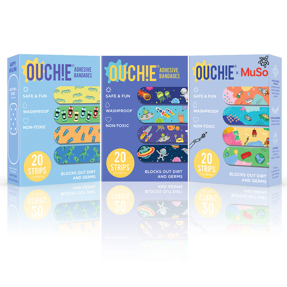 Ouchie Non-Toxic Printed Bandages Triple Combo (60 Pack) - Adventure Awaits,Space Jam & Ouchie x MuSo
