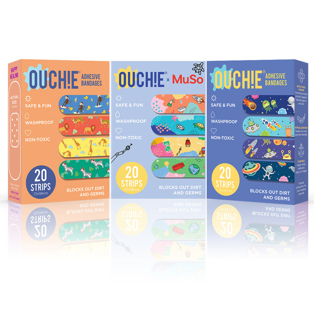 Ouchie Non-Toxic Printed Bandages Triple Combo (60 Pack) - Jungle Fever,'Ouchie x MuSo' & Space Jam