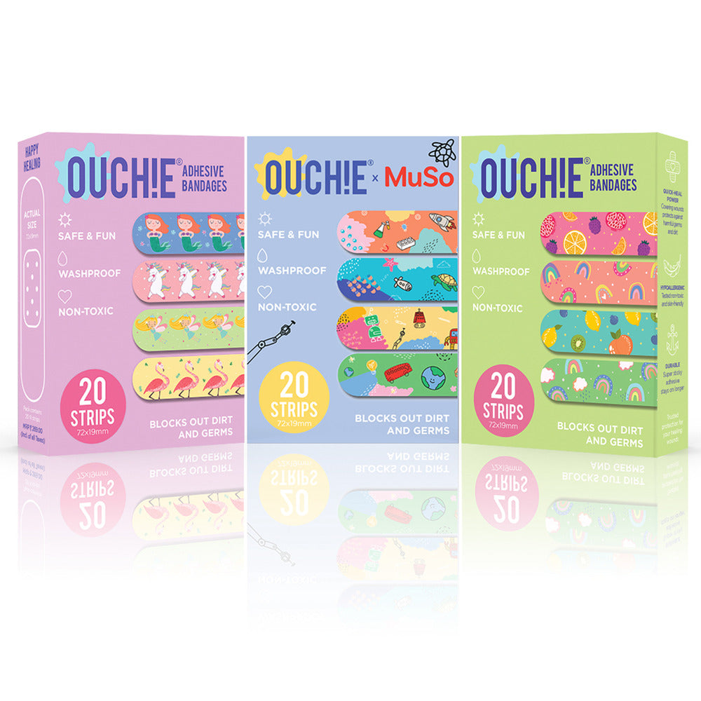Ouchie Non-Toxic Printed Bandages Triple Combo (60 Pack) - Fantasy Creatures, 'Ouchie x MuSo' & Tropical Burst