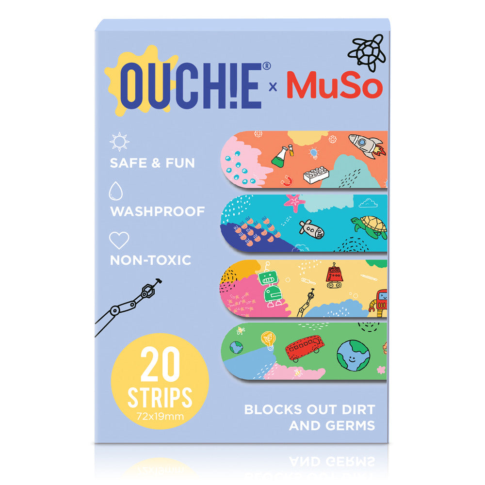 Ouchie Non-Toxic Printed Bandages Triple Combo (60 Pack) - Fantasy Creatures, 'Ouchie x MuSo' & Tropical Burst