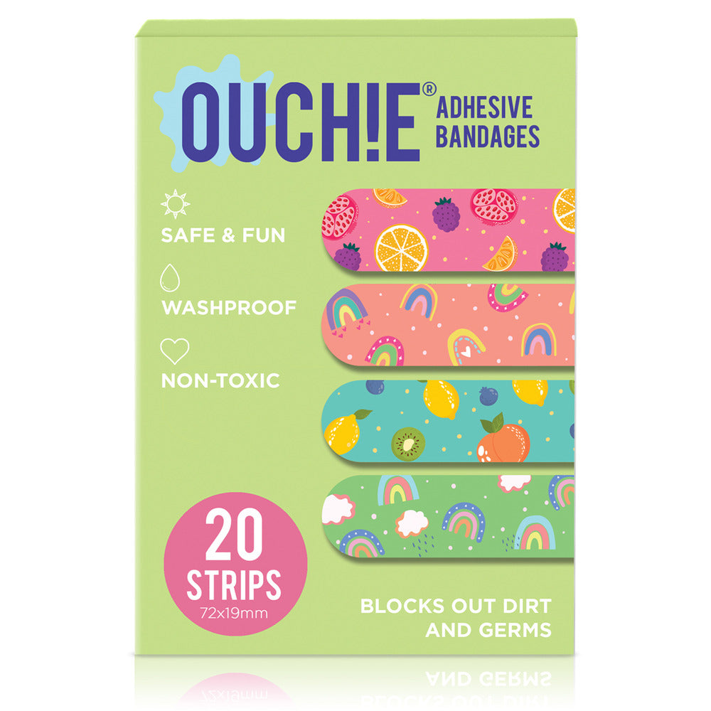 Ouchie Non-Toxic Printed Bandages Triple Combo (60 Pack) - Fantasy Creatures, 'Ouchie x MuSo' & Tropical Burst