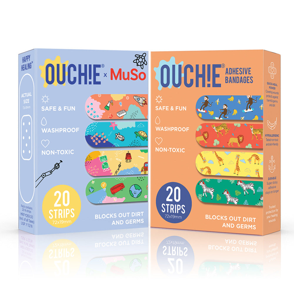 Ouchie x MuSo Non-Toxic Printed Bandages & Jungle Fever Non-Toxic Printed Bandages Combo Pack (40 Pack) 