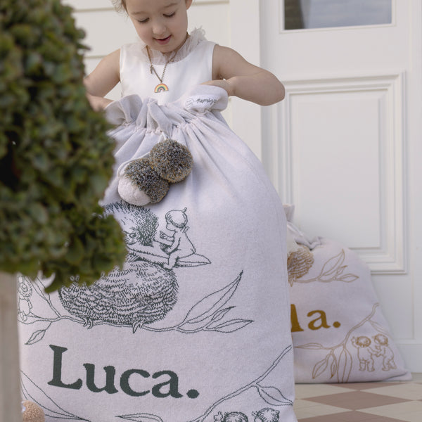May Gibbs Kookaburra Santa Sack - Base: Oatmeal Letter: Forest Green