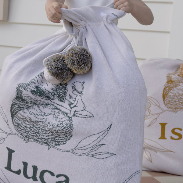 May Gibbs Kookaburra Santa Sack - Base: Oatmeal Letter: Forest Green