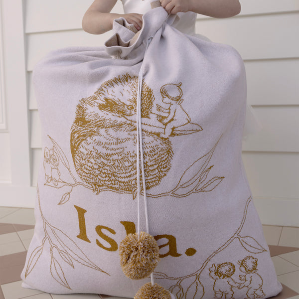 May Gibbs Kookaburra Santa Sack - Base: Oatmeal Letter: Honey Mustard