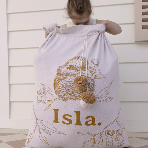 May Gibbs Kookaburra Santa Sack - Base: Oatmeal Letter: Honey Mustard