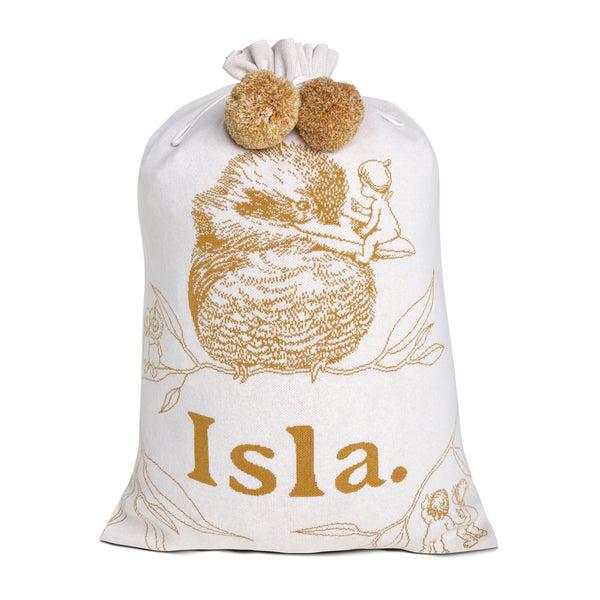 May Gibbs Kookaburra Santa Sack - Base: Oatmeal Letter: Honey Mustard