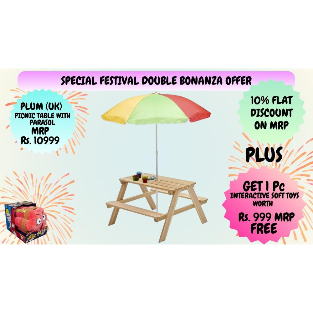 Plum Rectangular Picnic Table With Parasol (Natural)  + FREE Interactive Toy