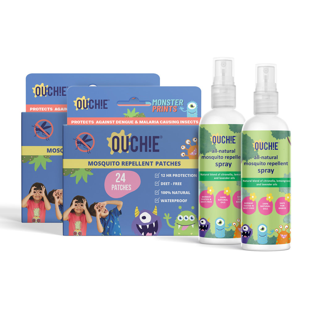 Ouchie 100% Natural Insect Repellent Spray 100ML (Pack 2) & Monster Print Mosquito Repellent Patches 24 Patches (Pack 2)