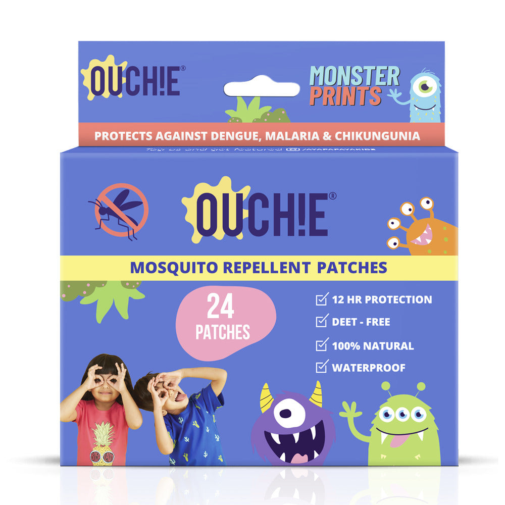 Ouchie 100% Natural Insect Repellent Spray 100ML (Pack 2) & Monster Print Mosquito Repellent Patches 24 Patches (Pack 2)