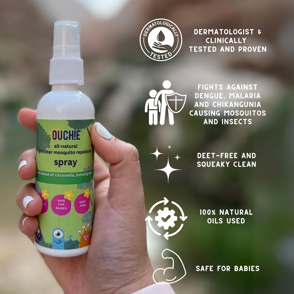 Ouchie 100% Natural Insect Repellent Spray 100ML (Pack 2) & Monster Print Mosquito Repellent Patches 24 Patches (Pack 2)