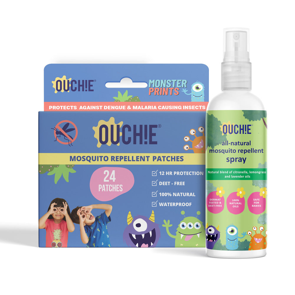 Ouchie 100% Natural Insect Repellent Spray (100ML) & Monster Print Mosquito Repellent Patches (24 Patches)