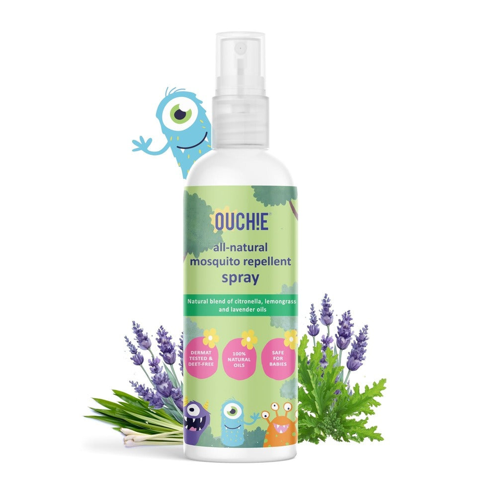 Ouchie 100% Natural Insect Repellent Spray (100ML) & Monster Print Mosquito Repellent Patches (24 Patches)