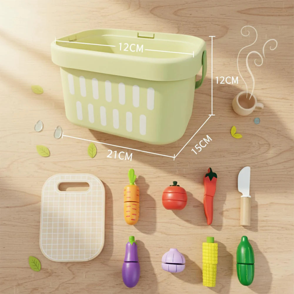 Open Ended Wooden Cutting Vegetables Basket Set