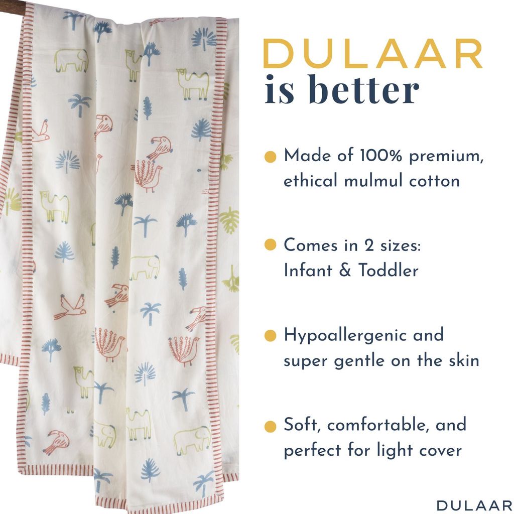 Dulaar baby wrap with animal patterns on a white background, featuring product details.