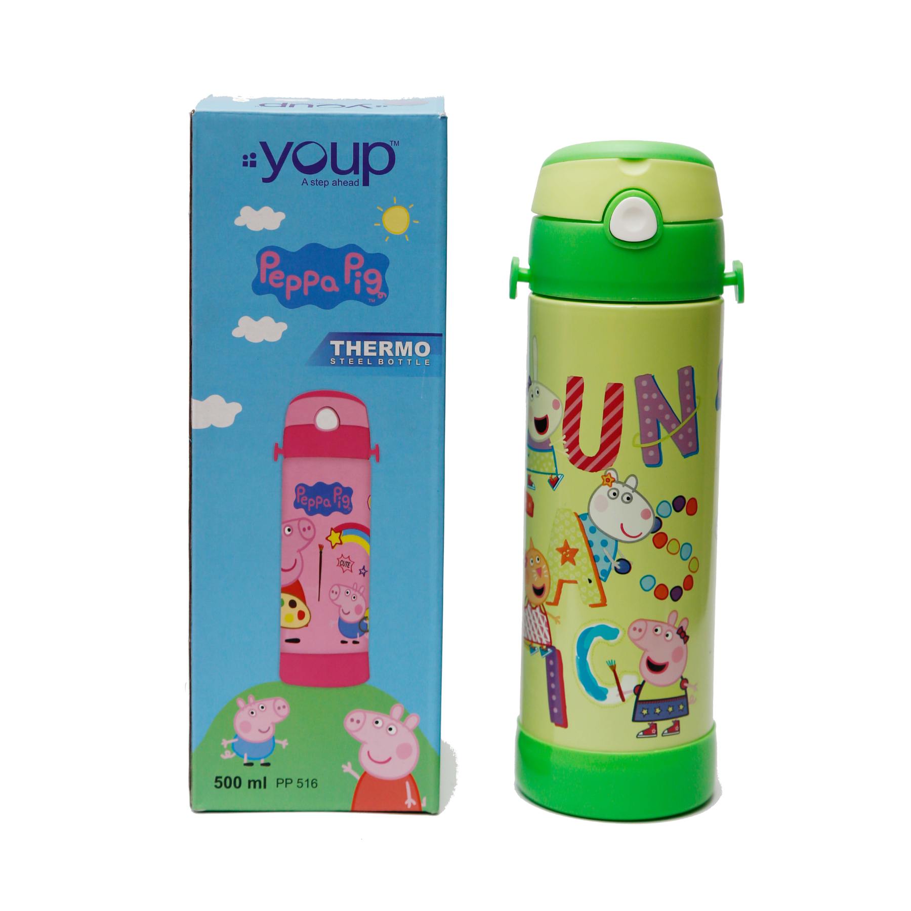 Youp Stainless Steel Insulated Green Color Peppa Pig Kids Sipper Bottle Lucas - 500 Ml