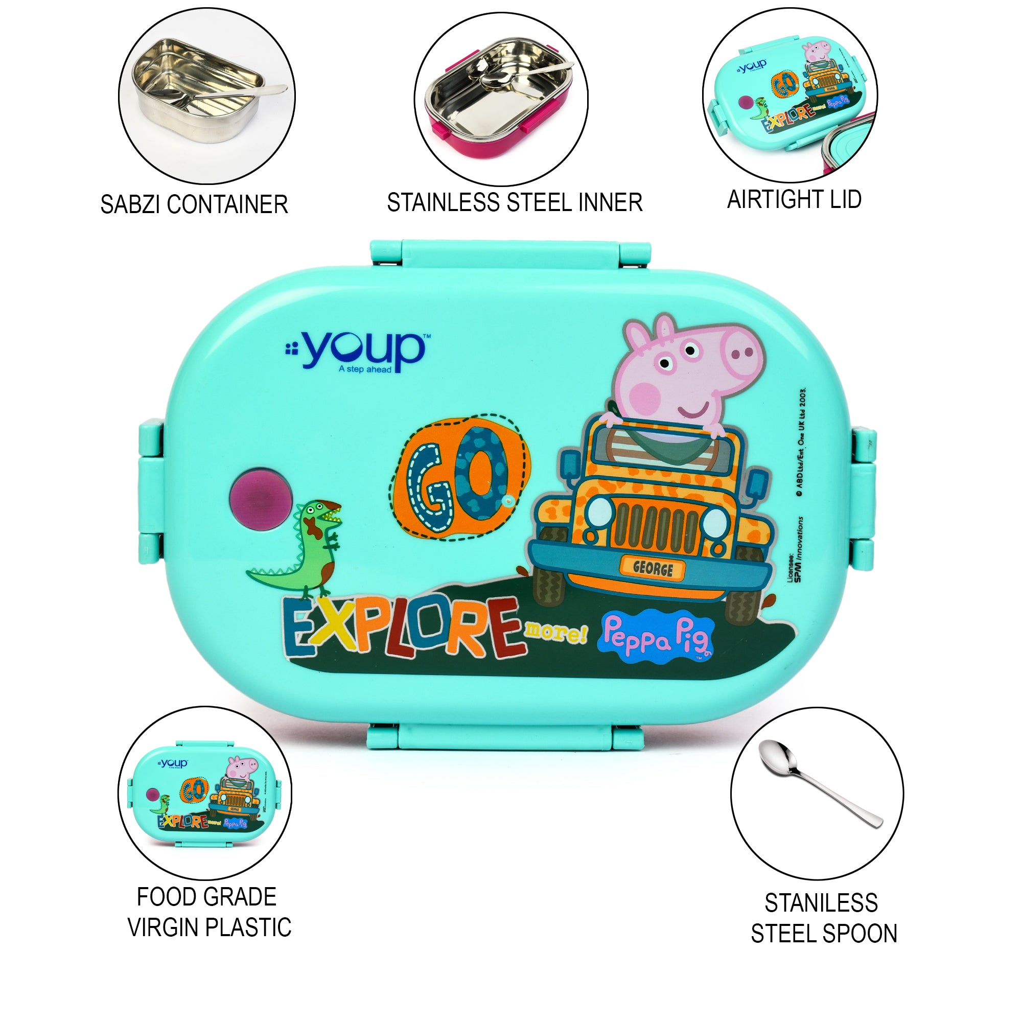 Youp Stainless Steel Green Color Peppa Pig Theme Kids Lunch Box Happy Bite 750Ml