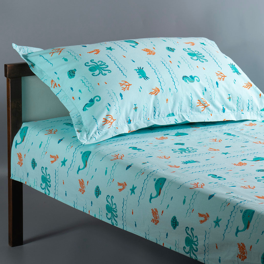 Gudgoodie Kids Flat Bedsheet Set  - 100% Cotton Percale - Single/Double -  Undersea Oasis