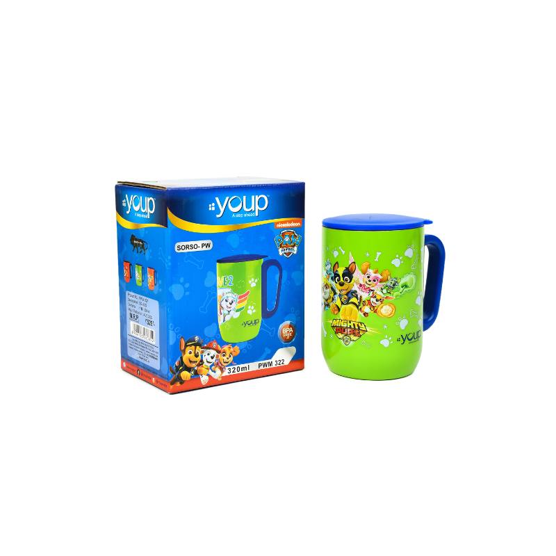 YOUP Stainless Steel Green Color Paw Patrol Mighty Pups Kids Insulated Mug With Cap Sorso-Pwm - 320 ml