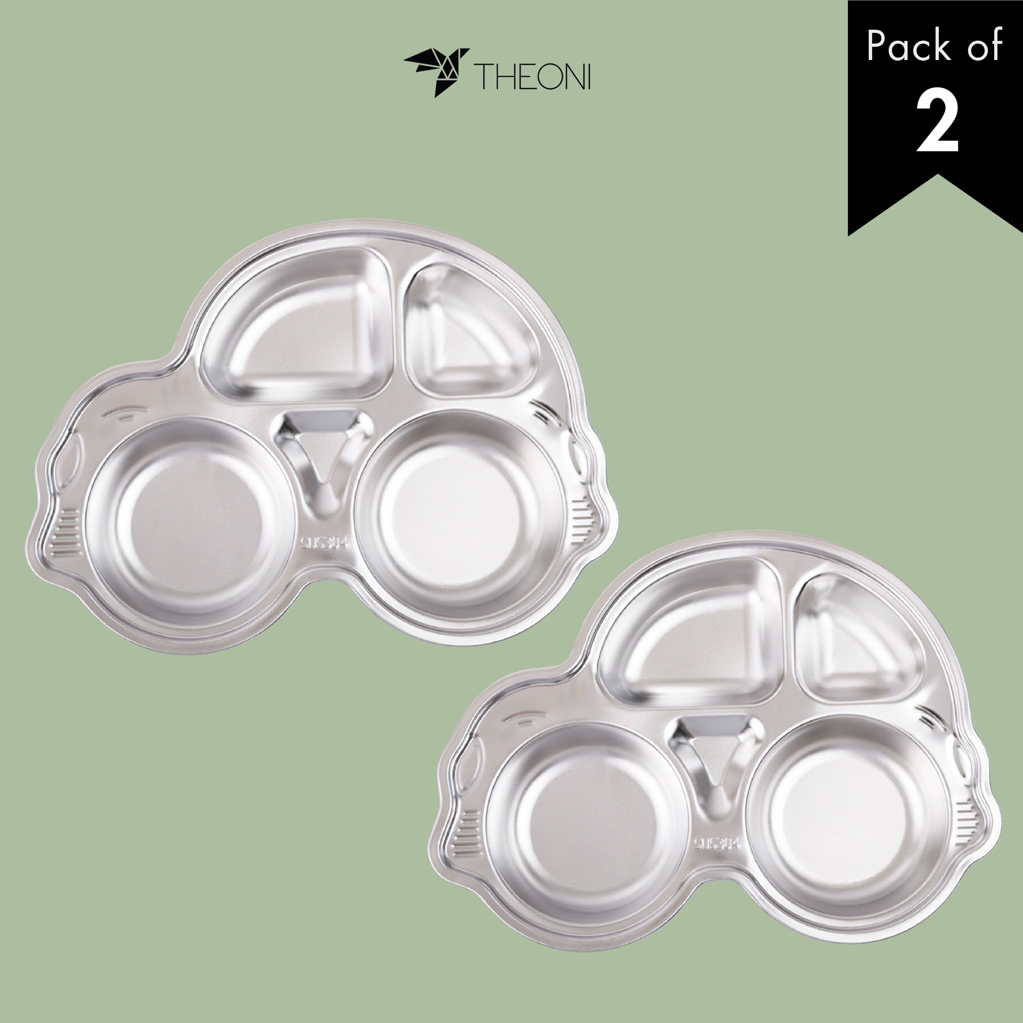 Theoni Stainless Steel Section Car Shape Kids Plate / Portion Plate / Dinner Dish - Car shape (Set of-2). Personalize With Name