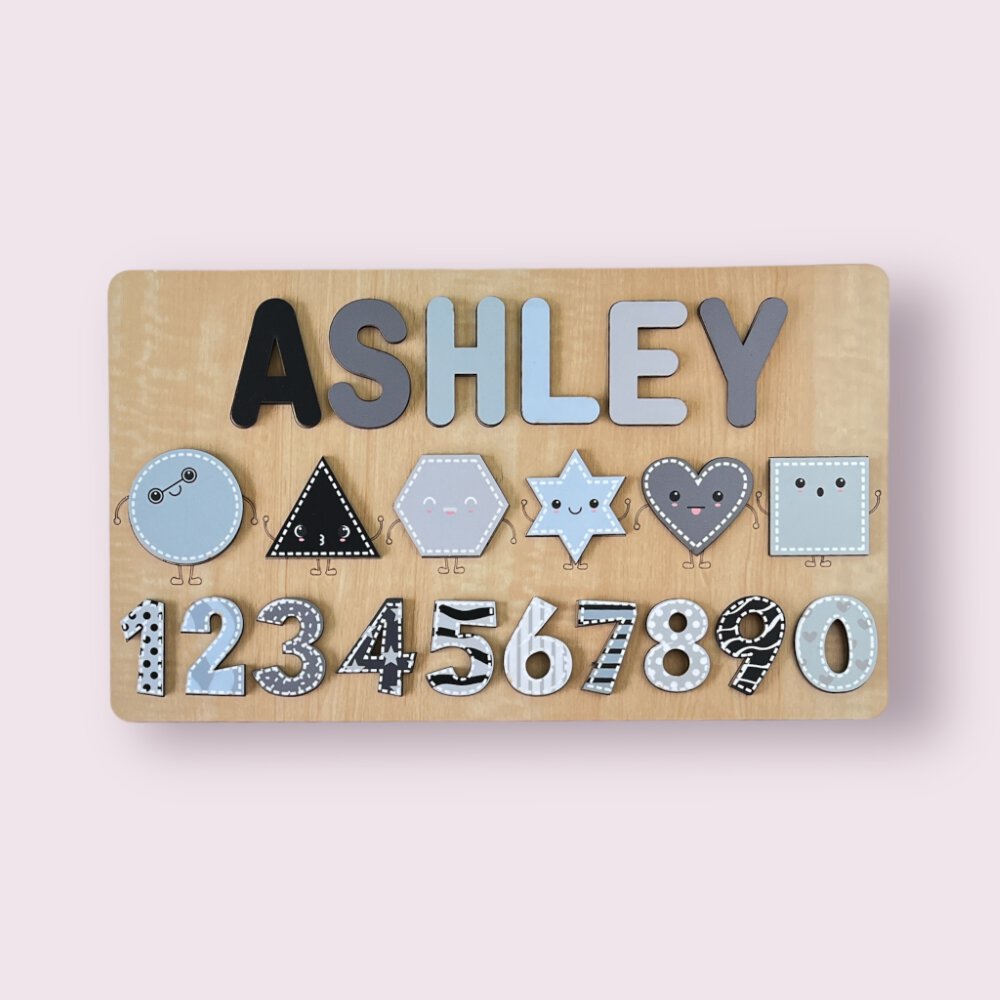 Personalised Wooden Name Puzzle- Shapes & Numbers - Monochrome