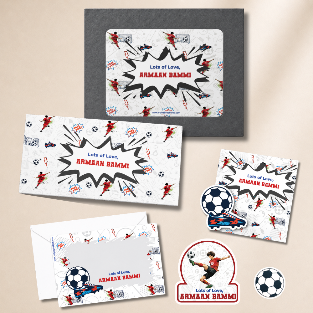 Children's stationery set with soccer-themed designs on a beige background