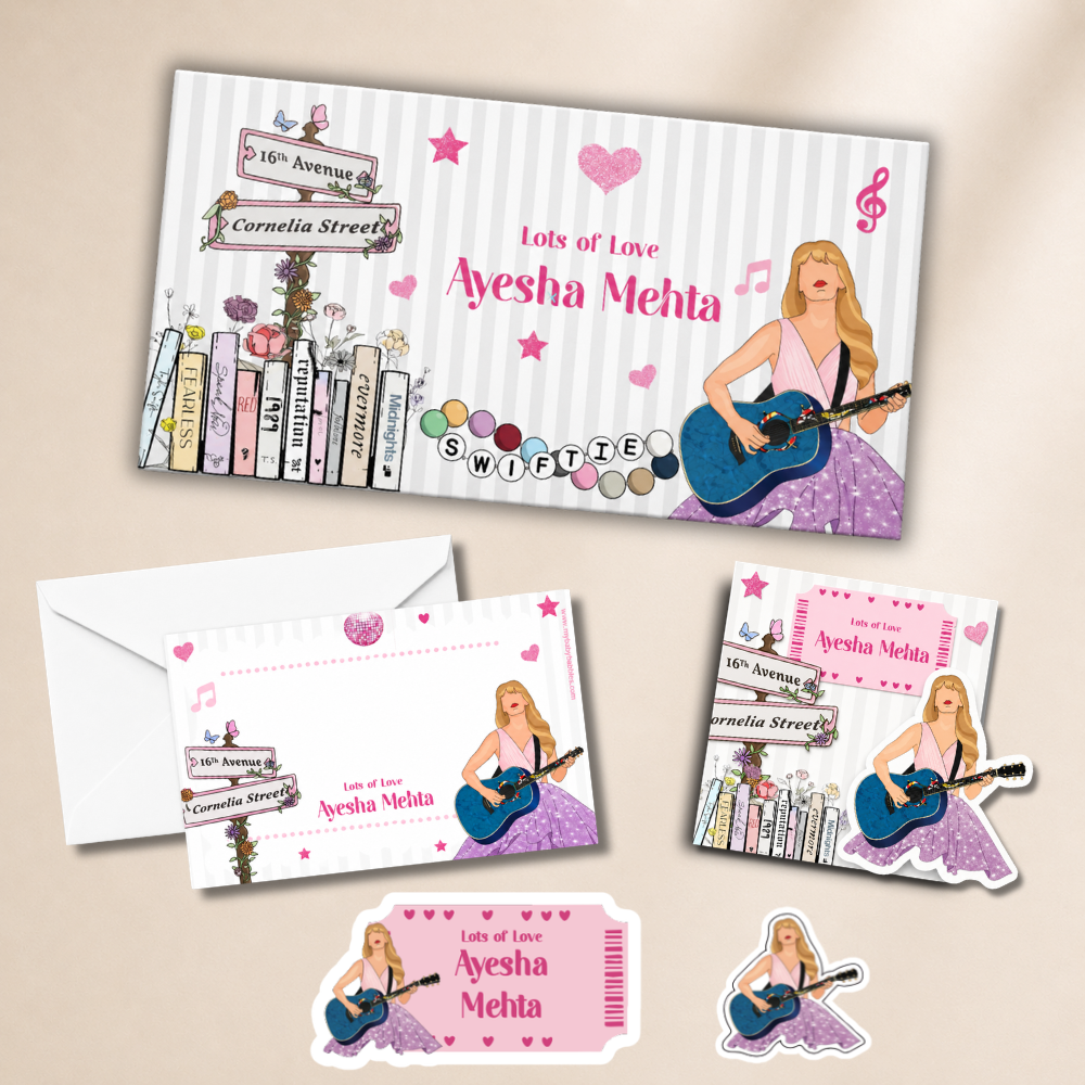 Personalized stationery set with a girl playing guitar on a beige background