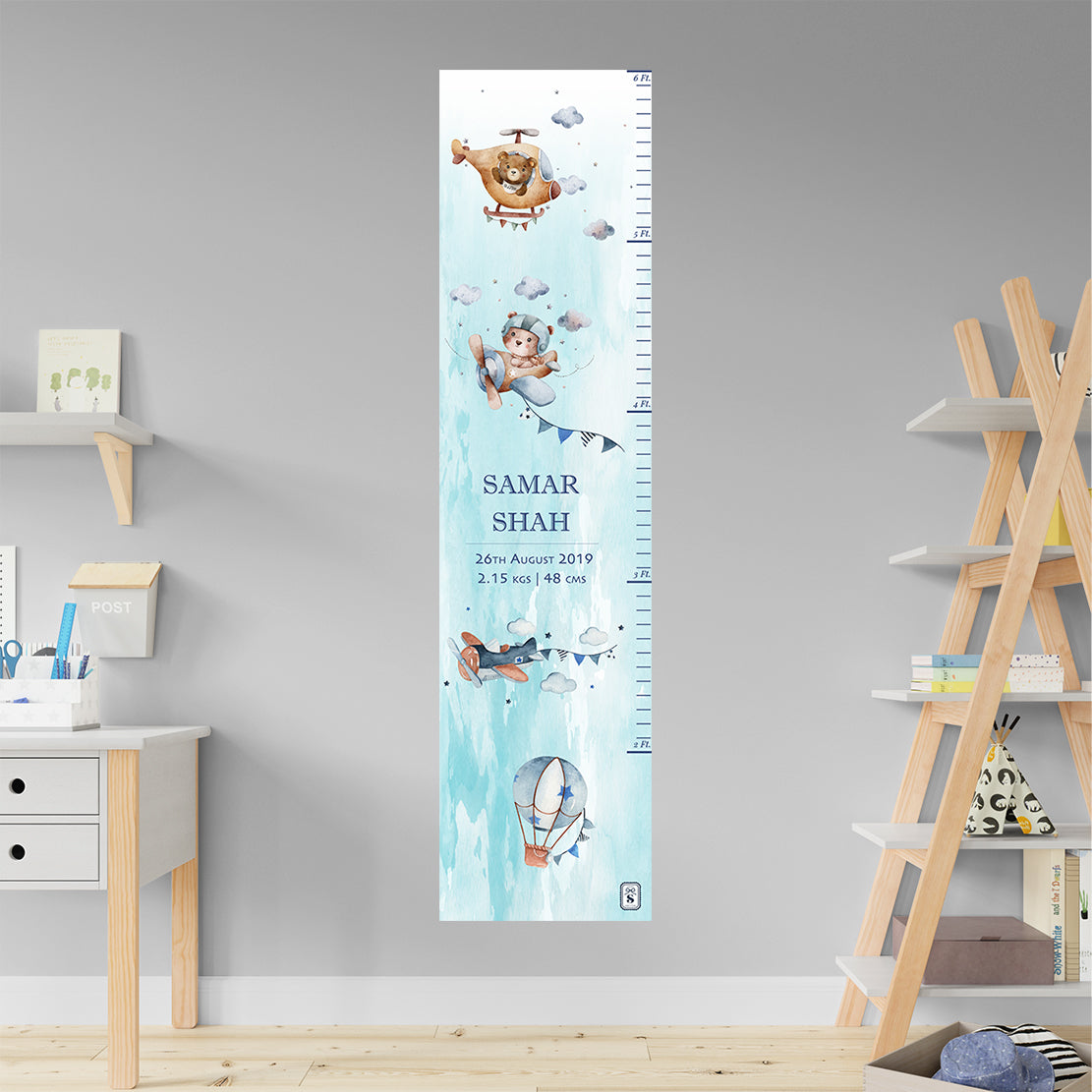 Teddy's Flight Height Chart - Blue Watercolor